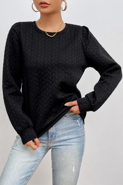 Texture Round Neck Long Sleeve Sweatshirt 1 - Chic Yana's Fashion