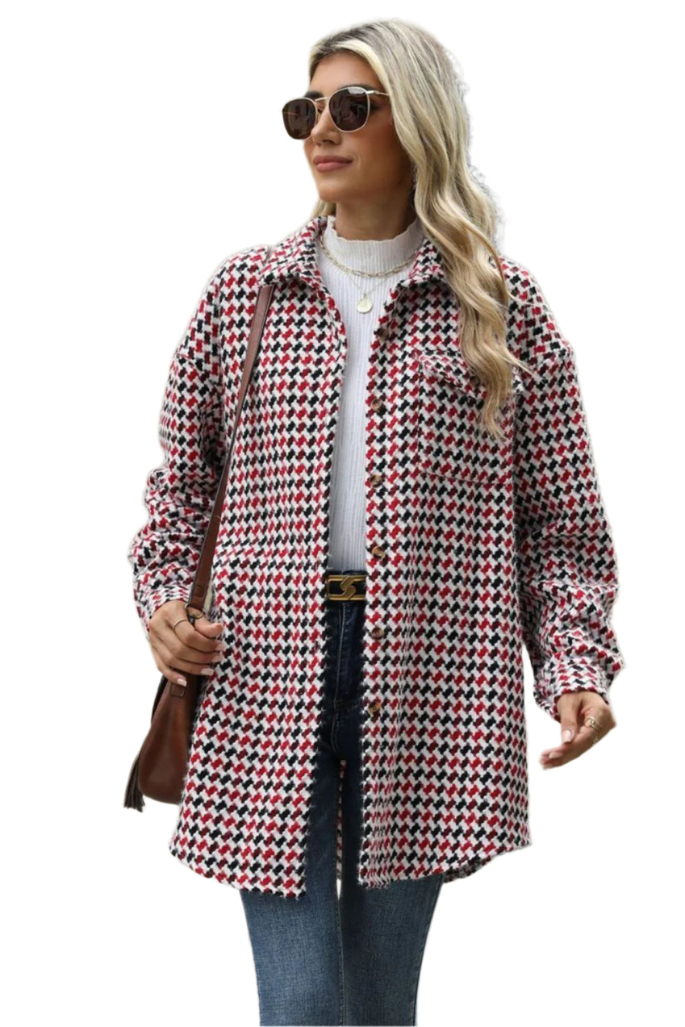 Houndstooth Button Up Dropped Shoulder Coat - Chic Yana’s Fashion