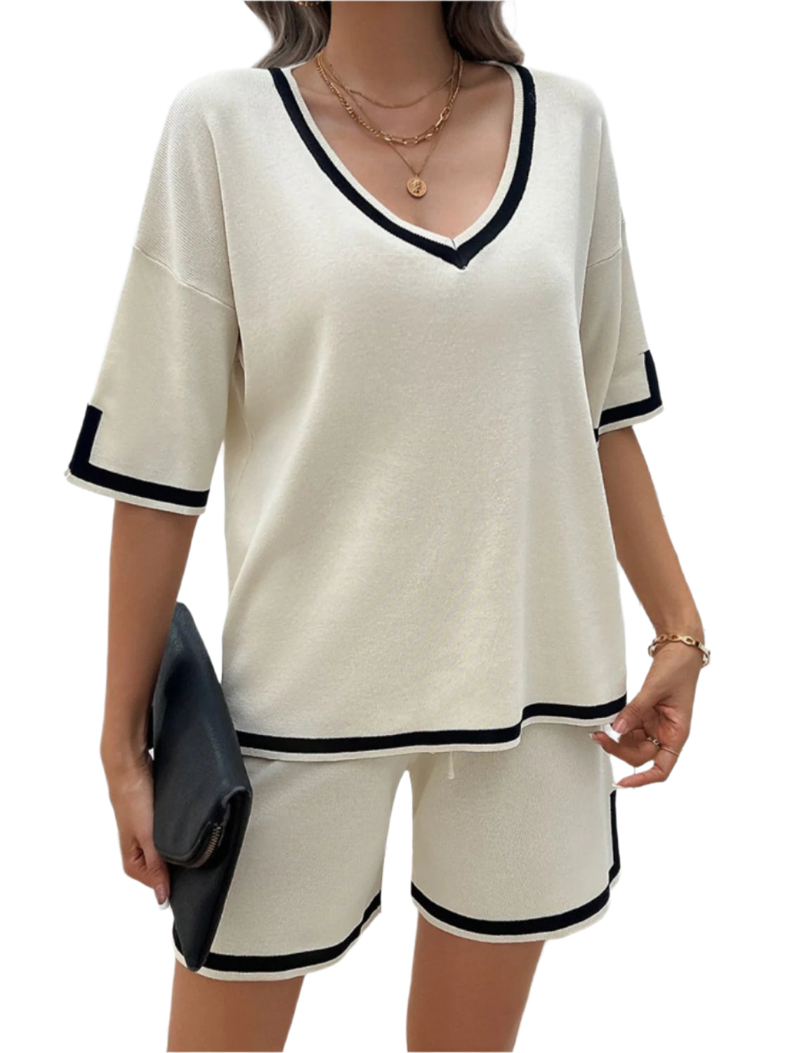 Devine Contrast Trim V-Neck Top and Shorts Set - Shop Now at Chic Yana's Fashion