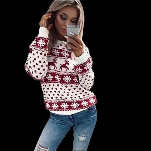 Chic Yana Fashion Cozy Snow Deer Knit Sweater — white