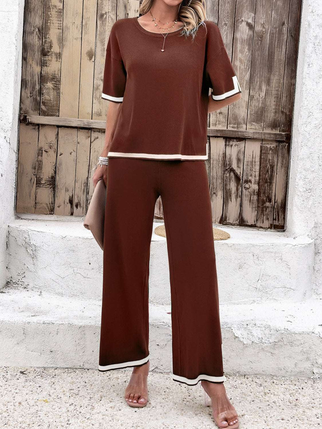 Devine Contrast Trim Round Neck Top and Pants Set – Chic Yana’s Fashion
