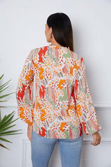 Floral Frill Notched Long Sleeve Blouse - Chic Yana's Fashion