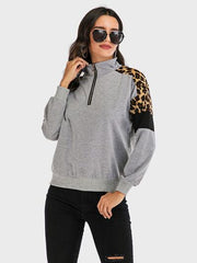 Perfee Contrast Leopard Half Zip Long Sleeve Sweatshirt - Chic Yana's Fashion