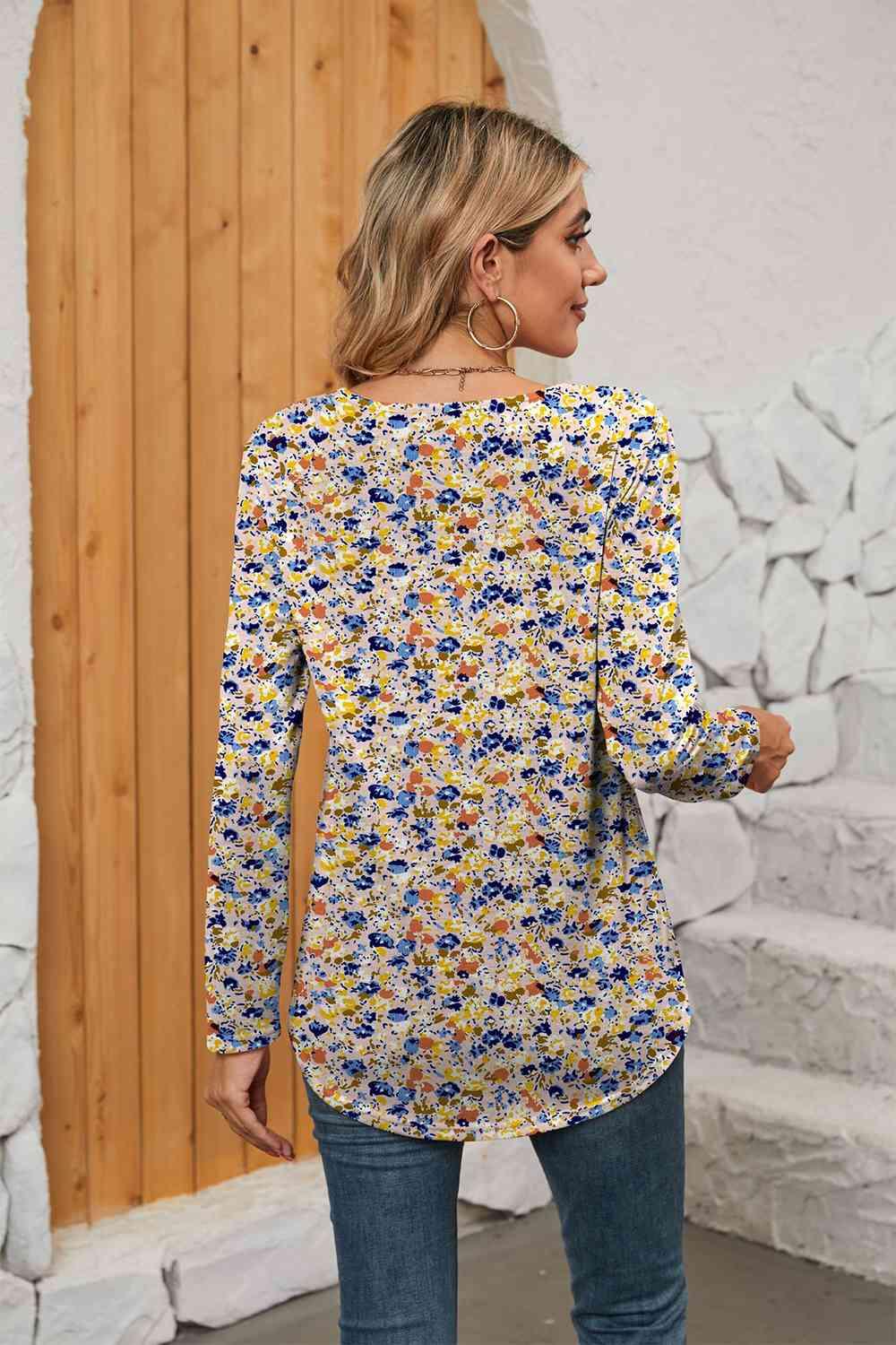 Printed Square Neck Long Sleeve Blouse - Chic Yana's Fashion