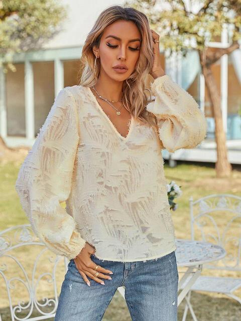 V Neck Long Sleeve Blouse - Chic Yana's Fashion