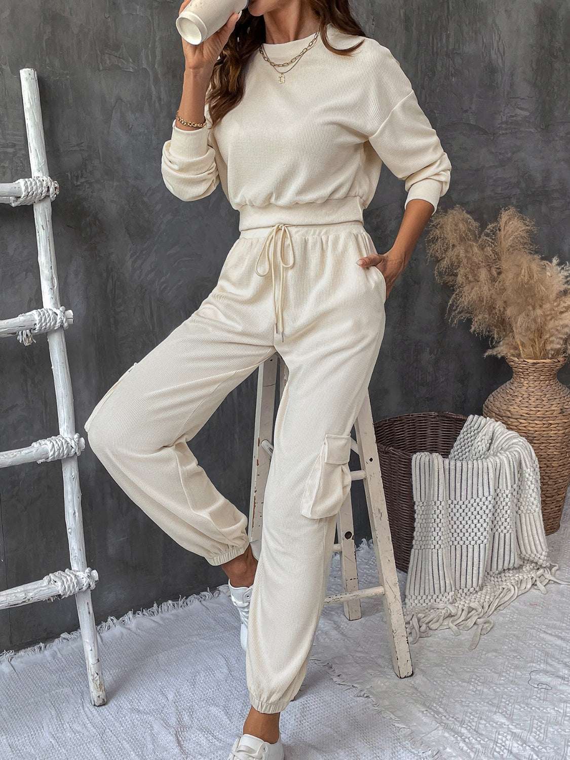 Perfee Round Neck Long Sleeve Top and Pants Set – Chic Yana’s Fashion