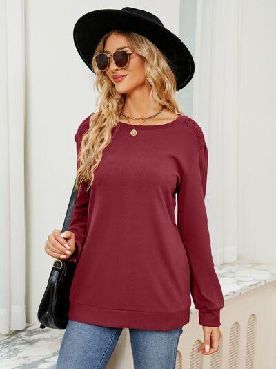 Ruched Shoulder Round Neck Long Sleeve Sweatshirt - Chic Yana's Fashion