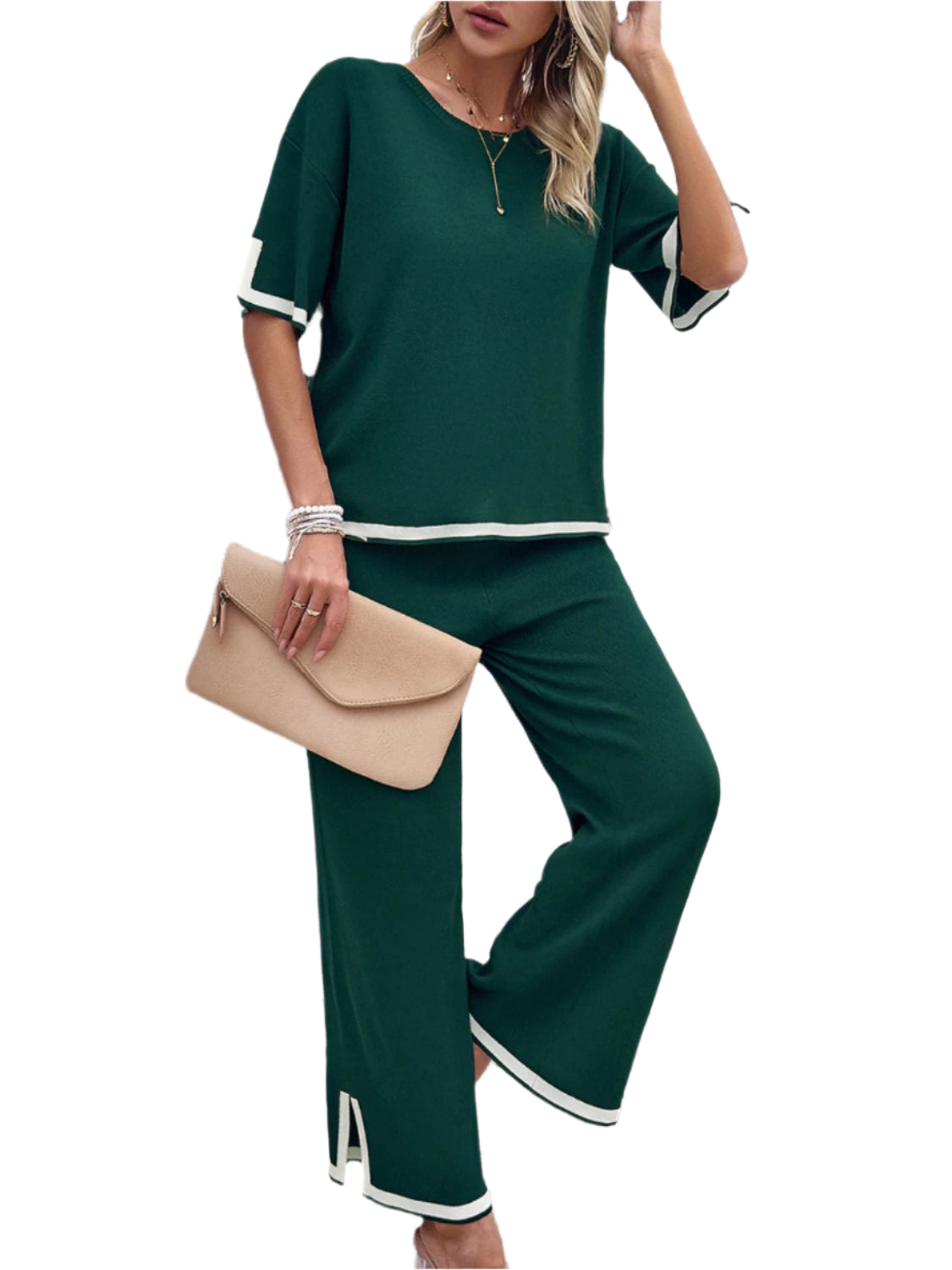 Devine Contrast Trim Round Neck Top and Pants Set – Chic Yana’s Fashion