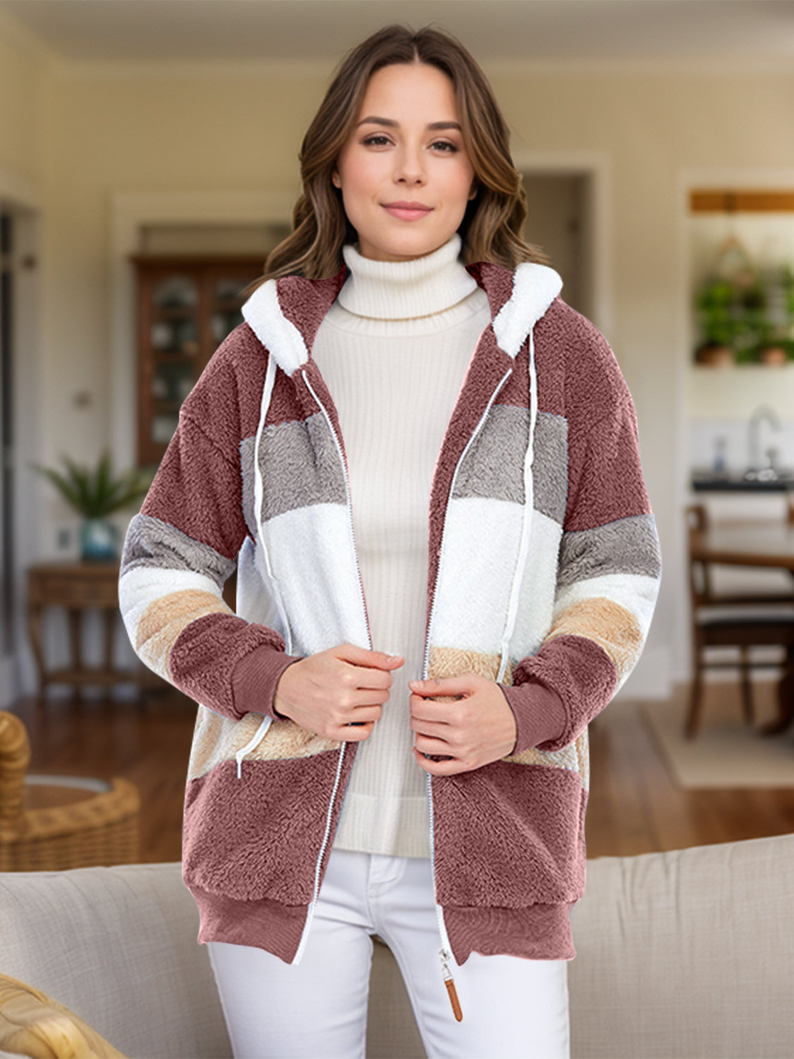 Full Size Drawstring Color Block Zip Up Hooded Outerwear - Chic Yana’s Fashion