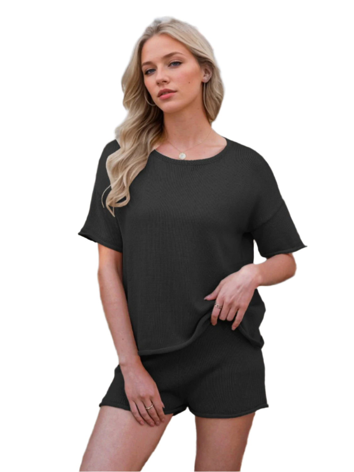 Round Neck Short Sleeve Top and Shorts Sweater Set - Shop Now at Chic Yana's Fashion