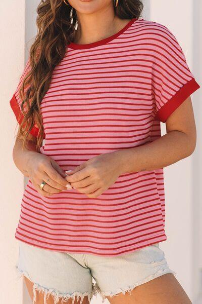 Contrast Striped Round Neck Short Sleeve T Shirt - Chic Yana's Fashion