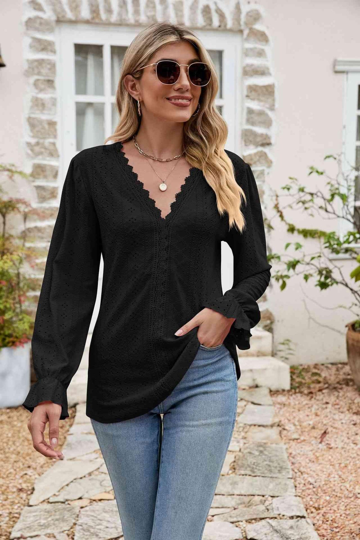 Eyelet Lace Trim Flounce Sleeve Blouse - Chic Yana's Fashion