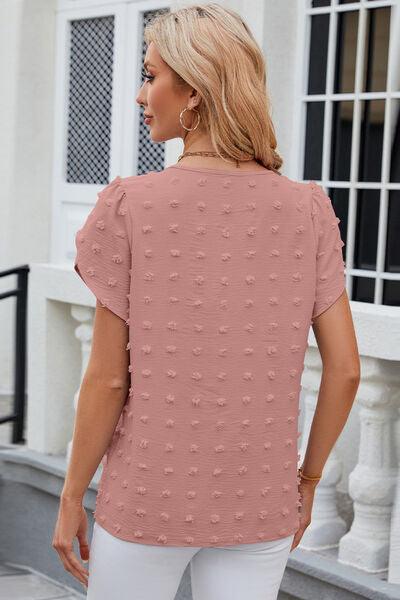 Swiss Dot Round Neck Petal Sleeve Blouse - Chic Yana's Fashion