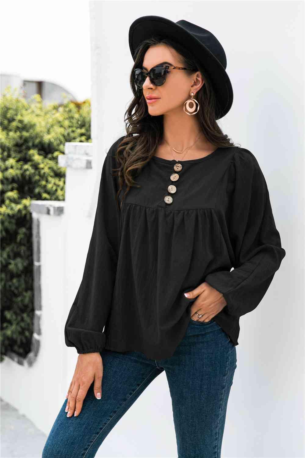 Button Up Balloon Sleeve Blouse - Chic Yana's Fashion