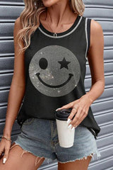 Rhinestone Smile Face Round Neck Tank - Chic Yana's Fashion