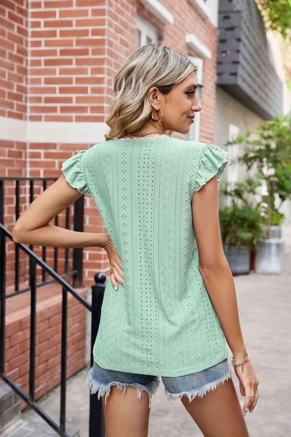 Eyelet Flutter Sleeve Scalloped V Neck Top - Chic Yana's Fashion