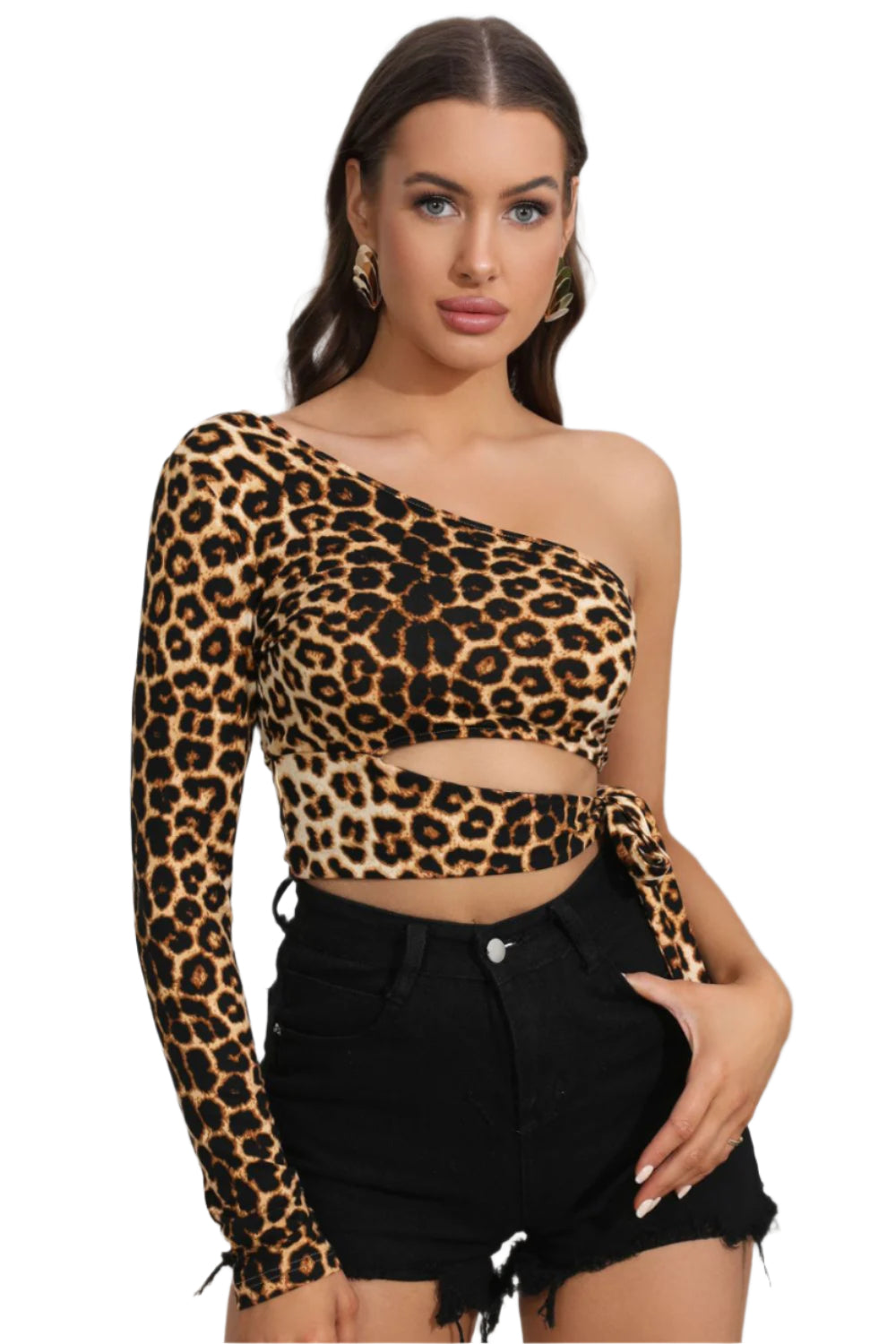 Leopard Cutout One-Shoulder Cropped Top - High-Quality Fashion | Chic Yana