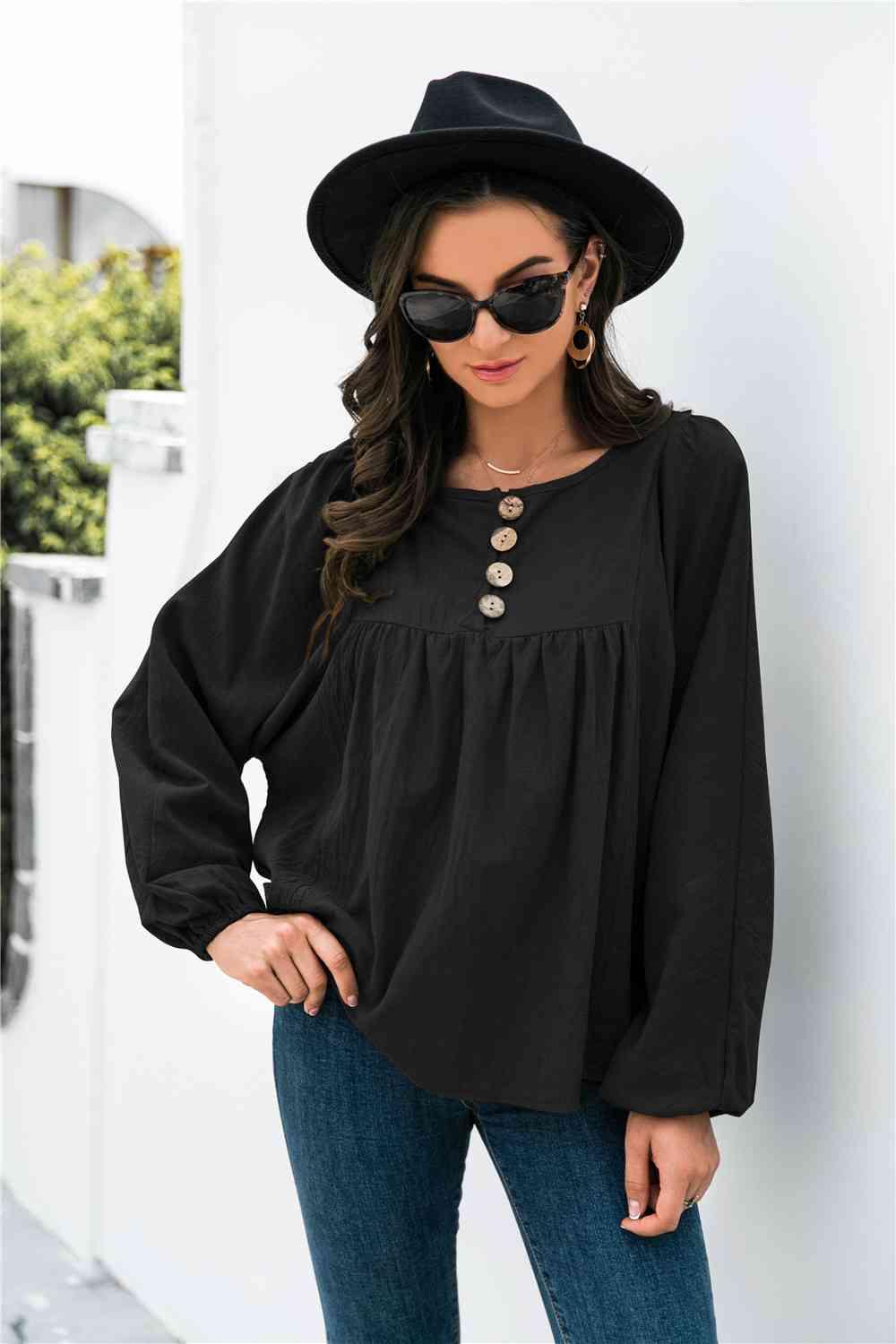 Button Up Balloon Sleeve Blouse - Chic Yana's Fashion