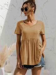 V Neck Short Sleeve Babydoll Top - Chic Yana's Fashion