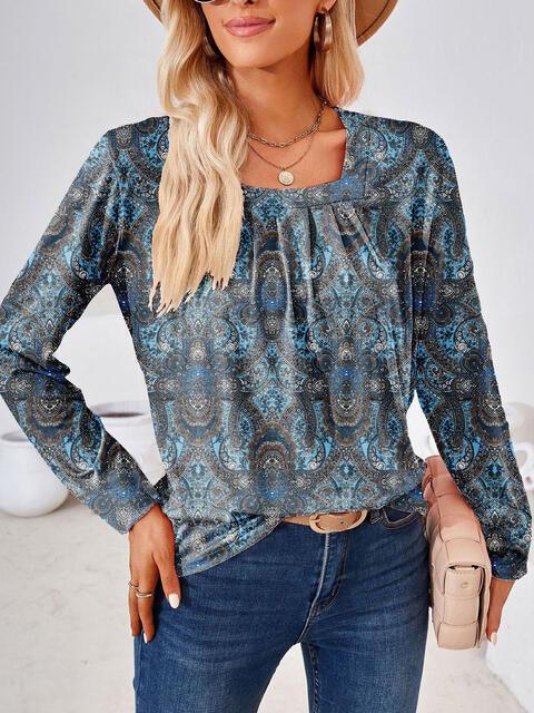 Full Size Square Neck Long Sleeve Blouse - Chic Yana's Fashion