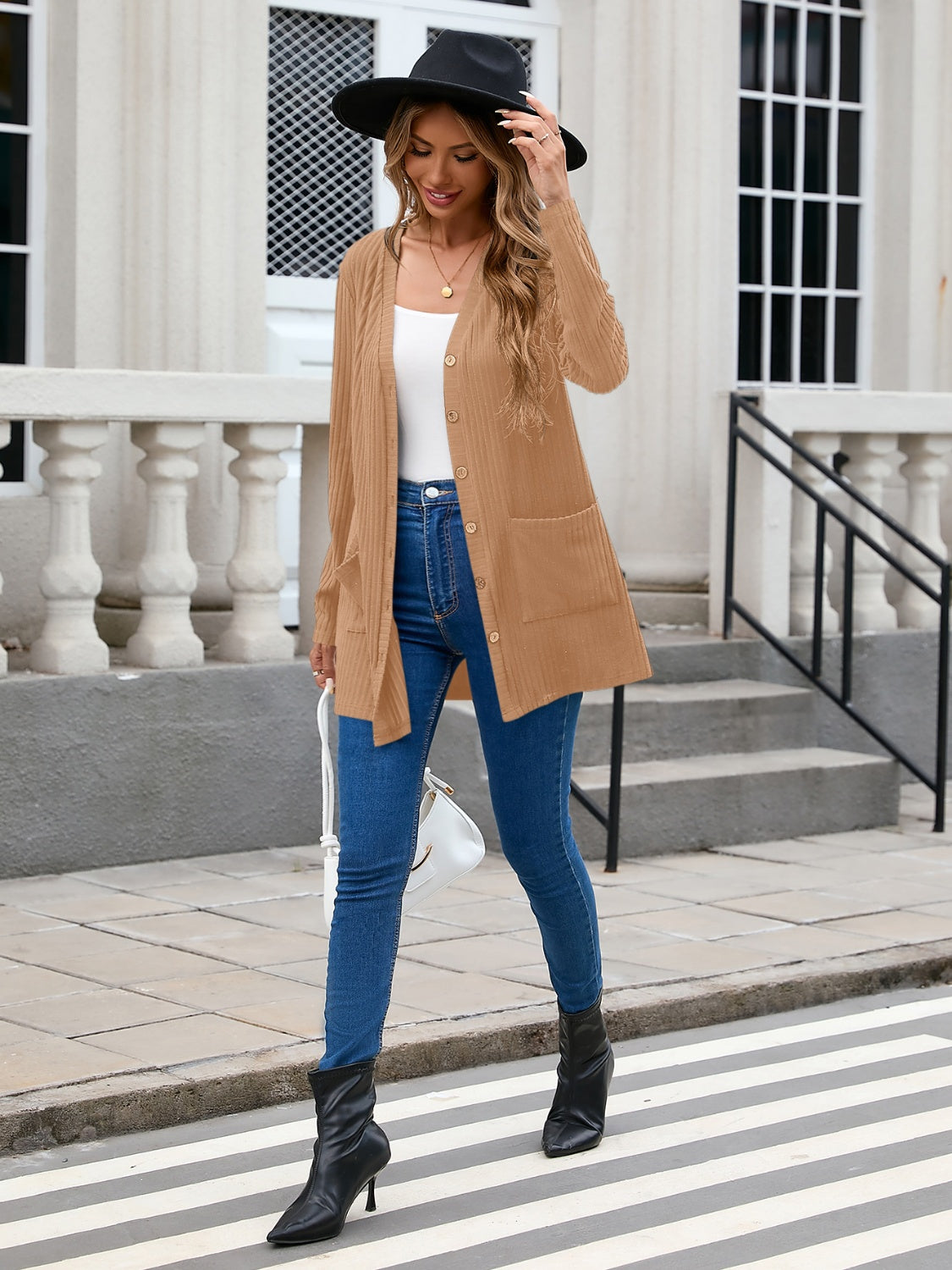 Ribbed Button Down V-Neck Long Sleeve Cardigan - Chic Yana’s Fashion
