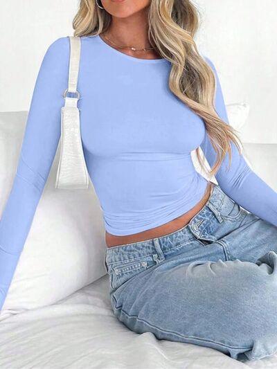 Solid Color Round Neck Long Sleeve T Shirt - Chic Yana's Fashion