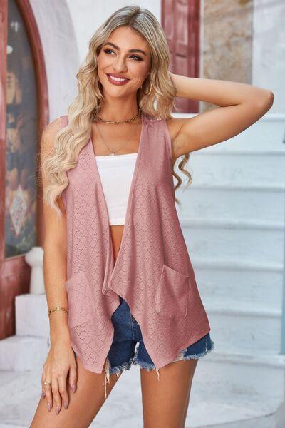 Eyelet Open Front Sleeveless Cardigan - Chic Yana's Fashion