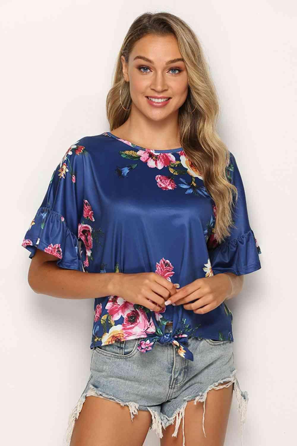 Shiny Floral Tie Hem Flounce Sleeve Top - Chic Yana's Fashion