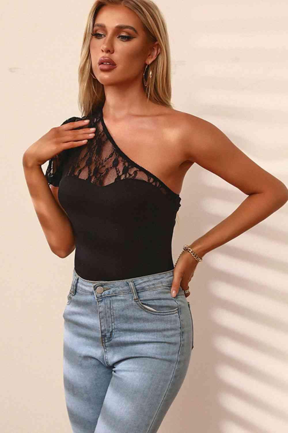 Perfee Spliced Lace One Shoulder Bodysuit - Chic Yana's Fashion