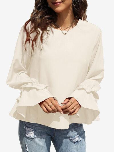 Round Neck Double Layered Flounce Sleeve Top - Chic Yana's Fashion