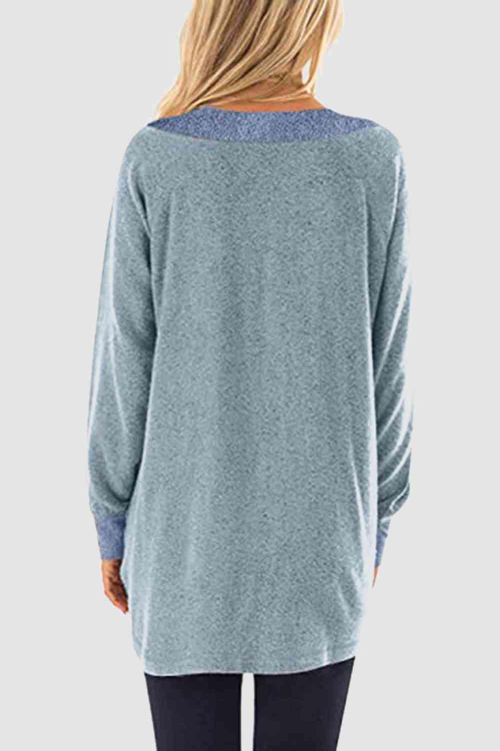 V Neck Long Sleeve Sweatshirt With Pockets - Chic Yana's Fashion