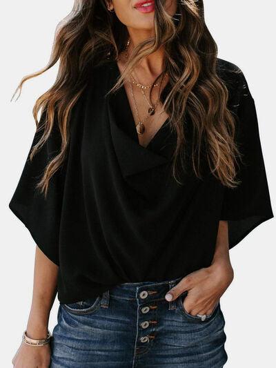 Full Size Cowl Neck Three Quarter Sleeve Blouse - Chic Yana's Fashion