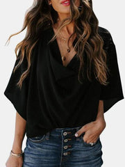 Full Size Cowl Neck Three Quarter Sleeve Blouse - Chic Yana's Fashion