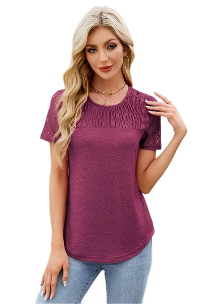 Smocked Round Neck Short Sleeve T Shirt 1 - Chic Yana's Fashion