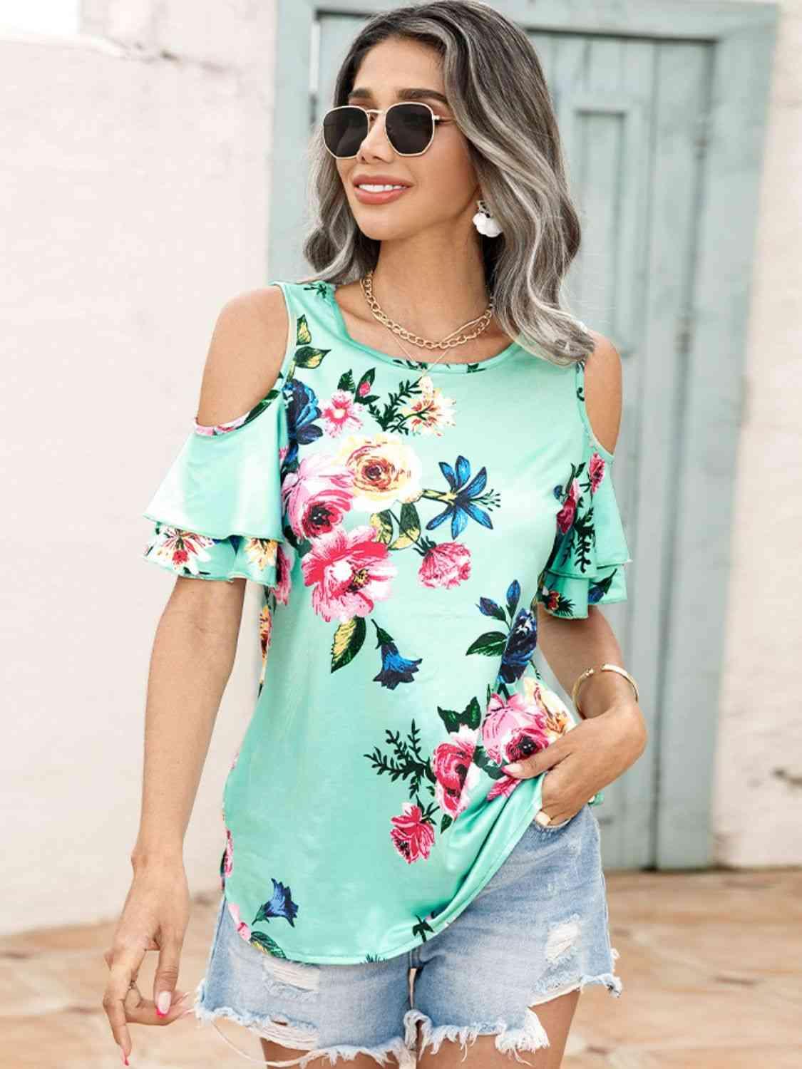 Shiny Floral Cold Shoulder Short Sleeve Top - Chic Yana's Fashion