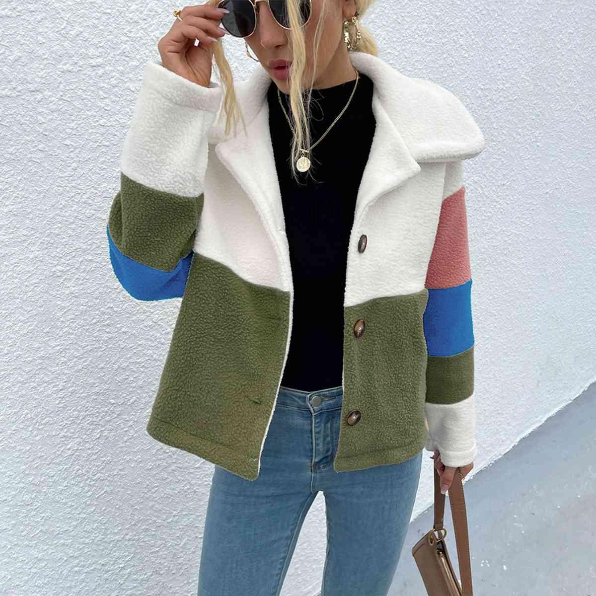 Shiny Color Block Button Down Collared Jacket - Chic Yana's Fashion