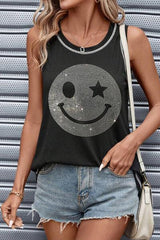 Rhinestone Smile Face Round Neck Tank - Chic Yana's Fashion