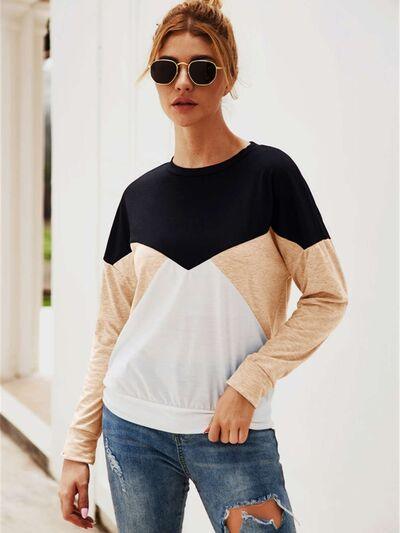 Color Block Round Neck Long Sleeve Top - Chic Yana's Fashion