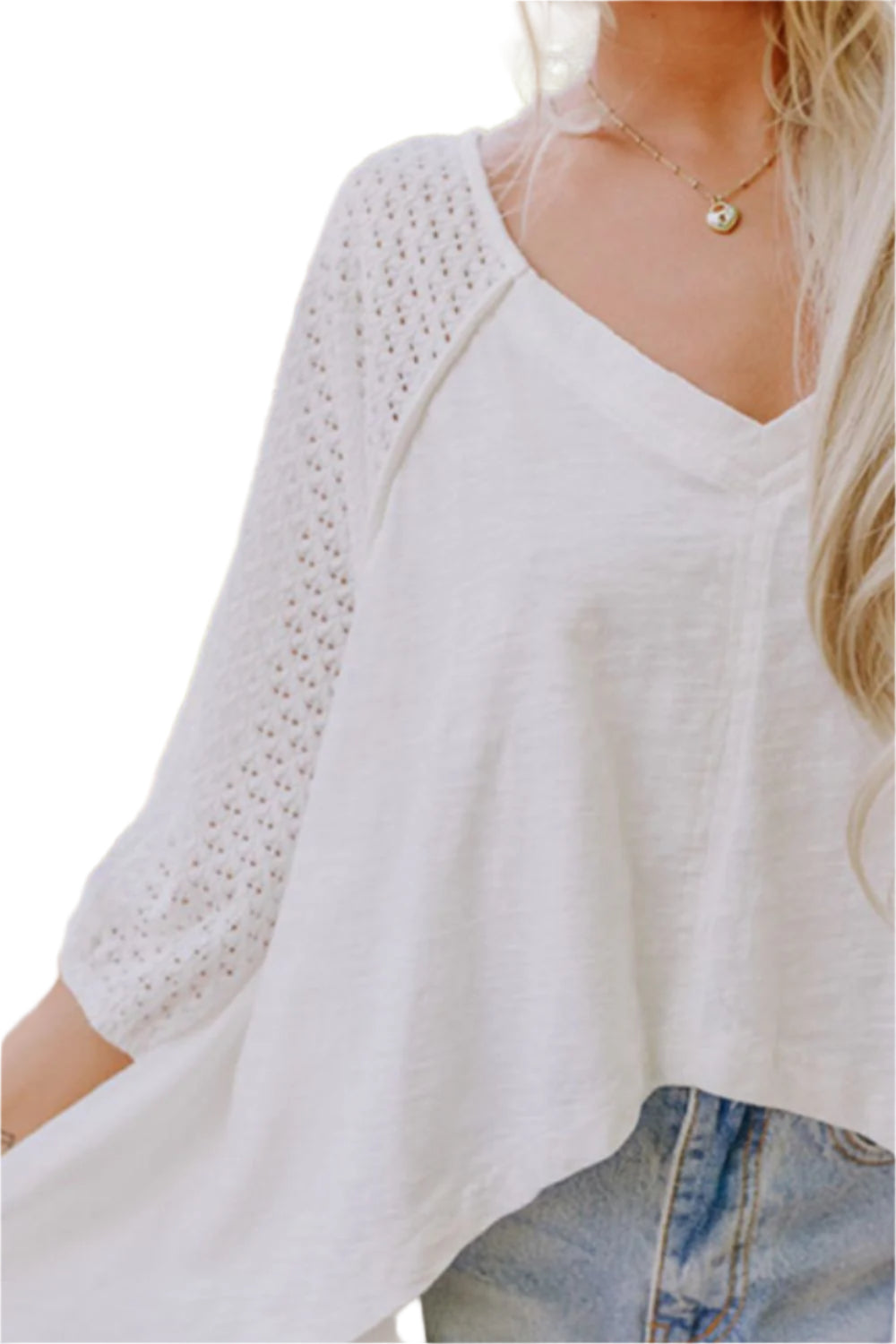 Openwork High Low Hem V Neck Oversized Top - High-Quality Fashion | Chic Yana