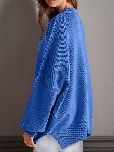Double Take Side Slit Round Neck Long Sleeve Sweater - Chic Yana's Fashion