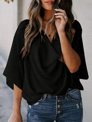 Full Size Cowl Neck Three Quarter Sleeve Blouse - Chic Yana's Fashion