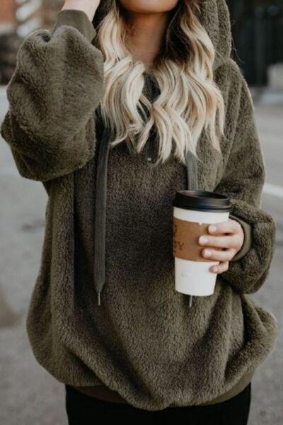 Full Size Quarter Zip Drawstring Teddy Hoodie - Chic Yana's Fashion