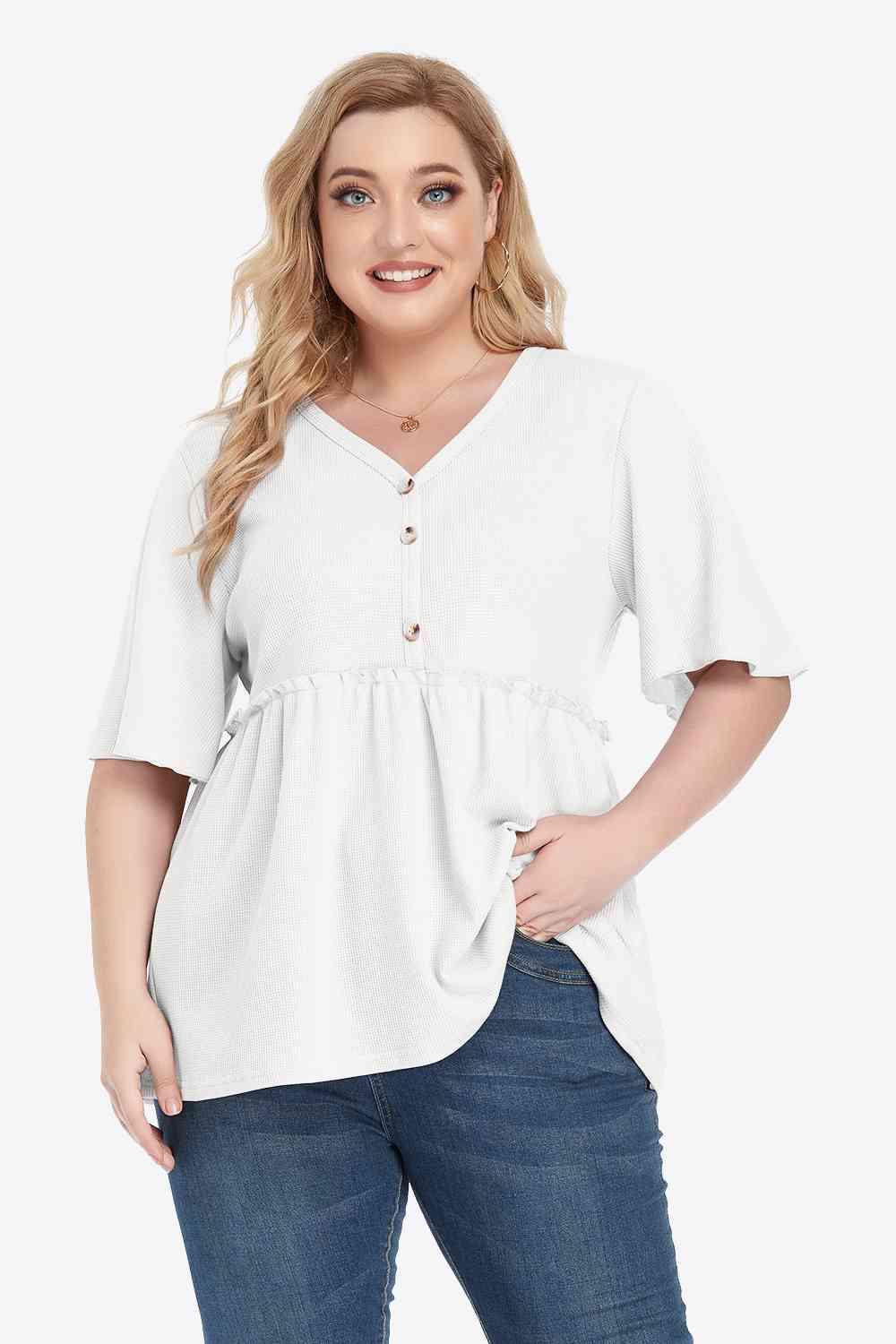 Plus Size Buttoned V Neck Frill Trim Babydoll Blouse - Chic Yana's Fashion