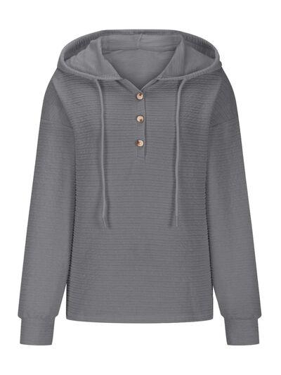 Drawstring Quarter Button Long Sleeve Hoodie - Chic Yana's Fashion