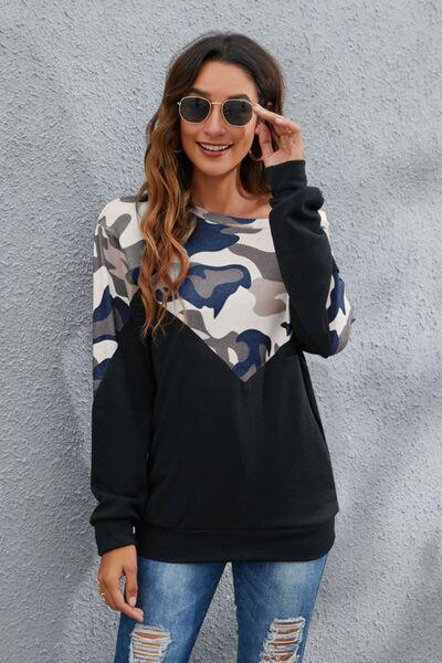 Camouflage Round Neck Long Sleeve Sweatshirt - Chic Yana's Fashion