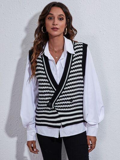 Striped Button Up V Neck Sweater Vest - Chic Yana's Fashion