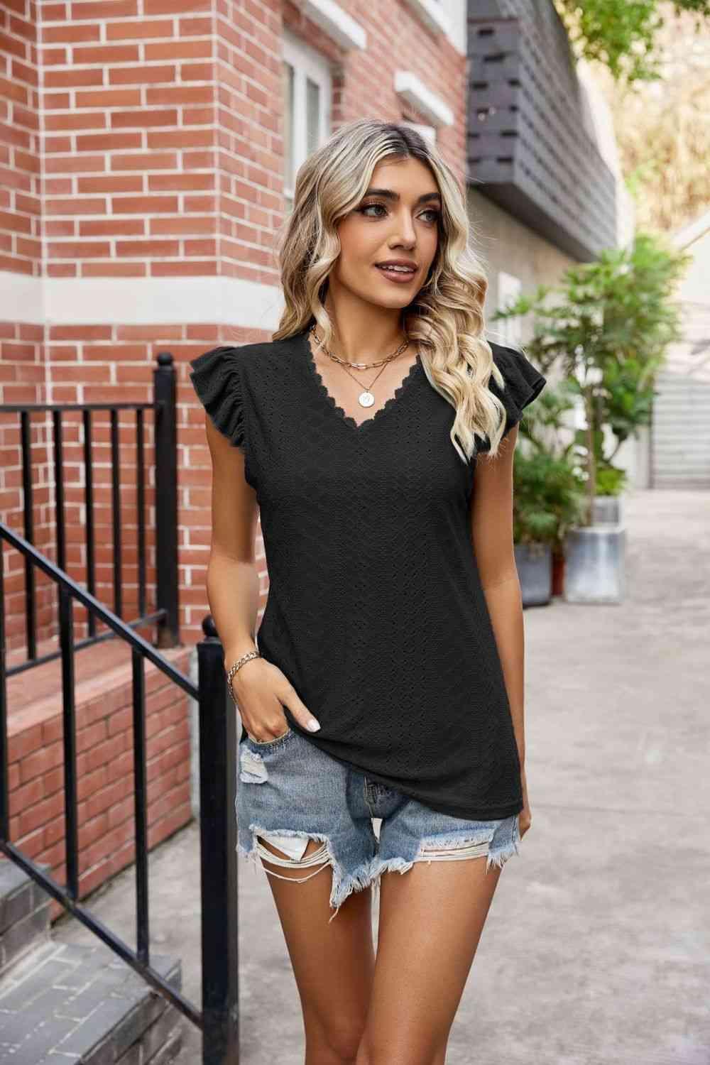 Eyelet Flutter Sleeve Scalloped V Neck Top - Chic Yana's Fashion