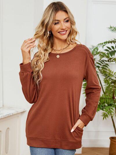 Ruched Shoulder Round Neck Long Sleeve Sweatshirt - Chic Yana's Fashion