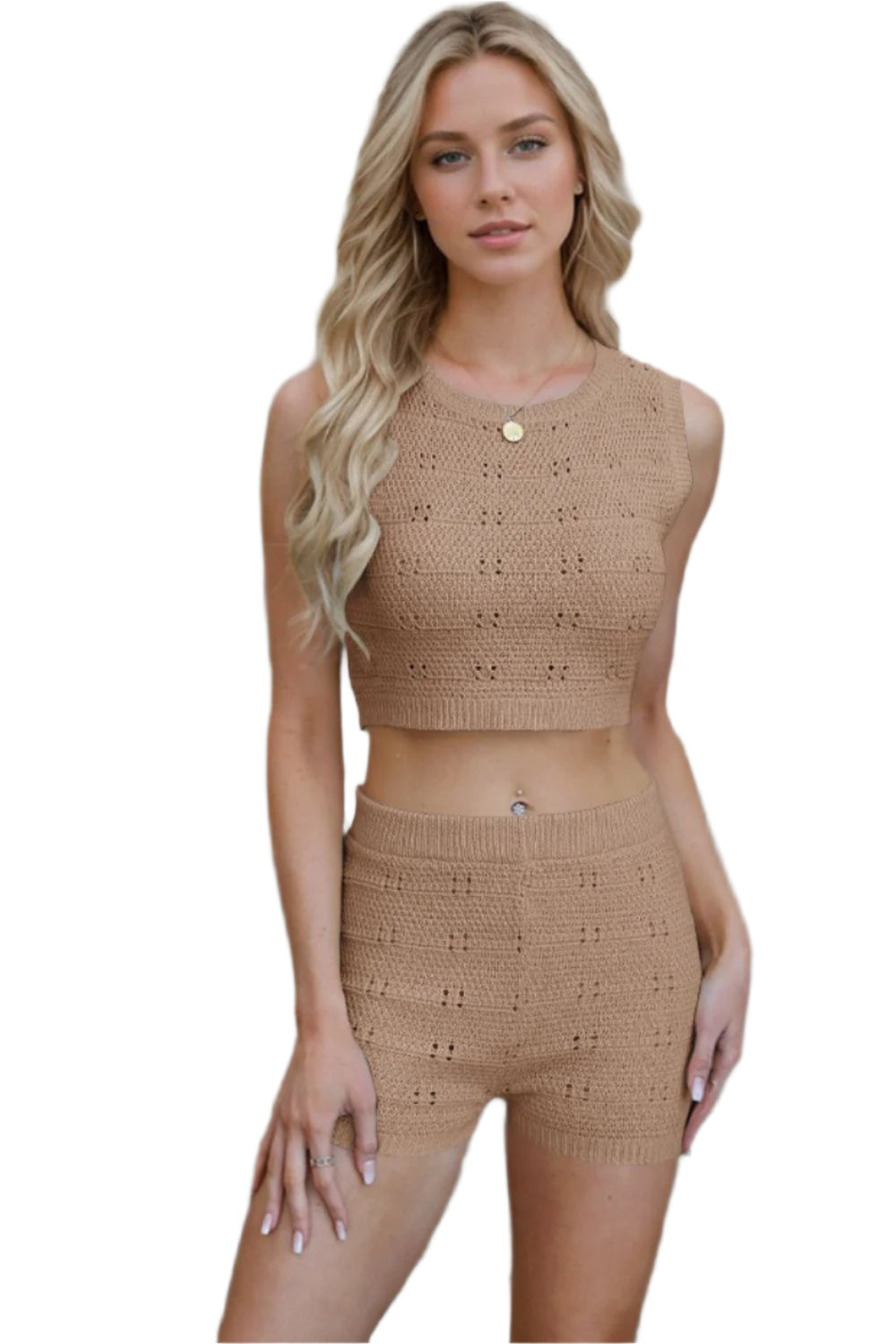 Eyelet Round Neck Tank and shorts Sweater Set - Shop Now at Chic Yana's Fashion