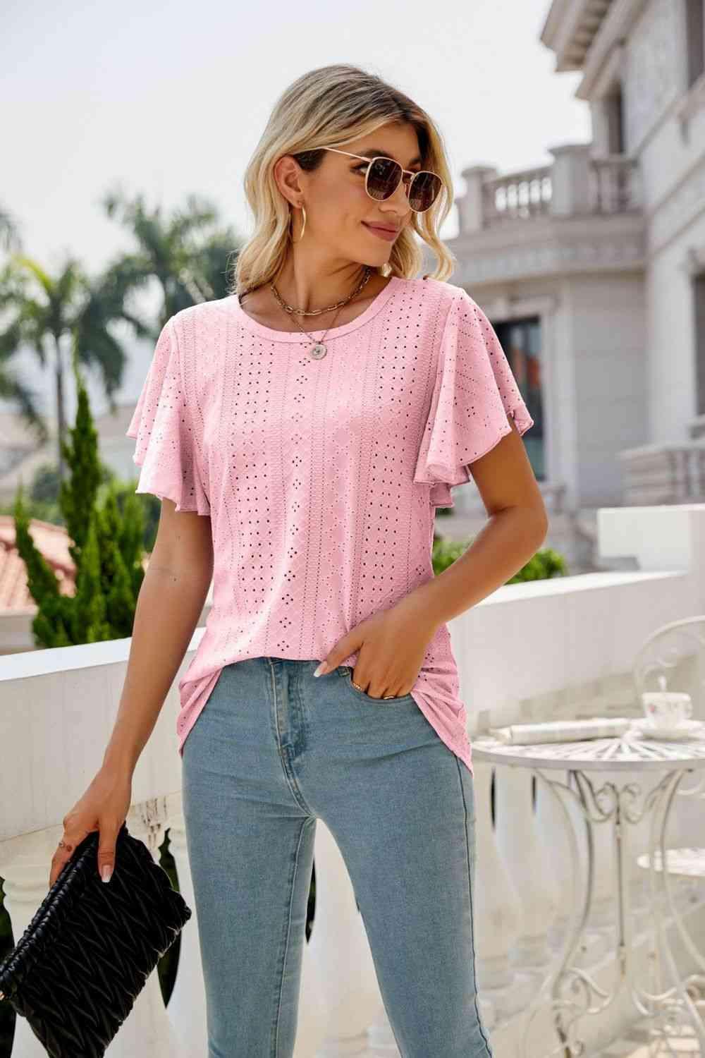 Eyelet Flutter Sleeve Round Neck Top - Chic Yana's Fashion